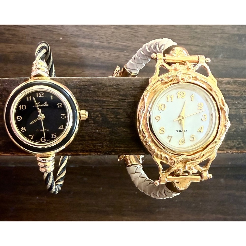 Lot of 2 Women's Vintage Style Quartz Bangle Watches Gold Tone Working